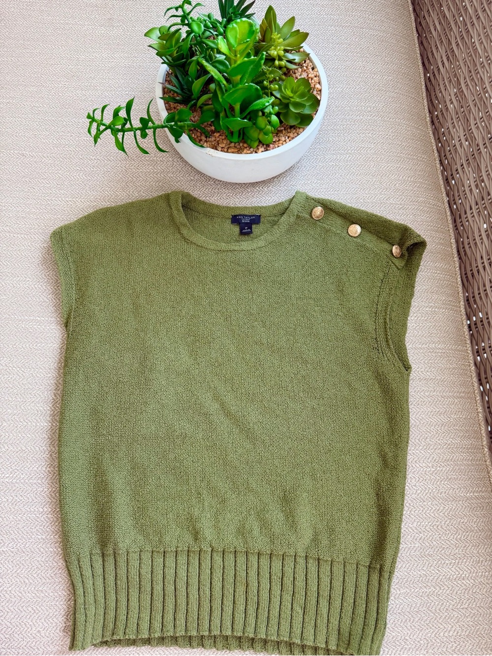Ann Taylor Olive Green Sleeveless Button-Shoulder Knit Top